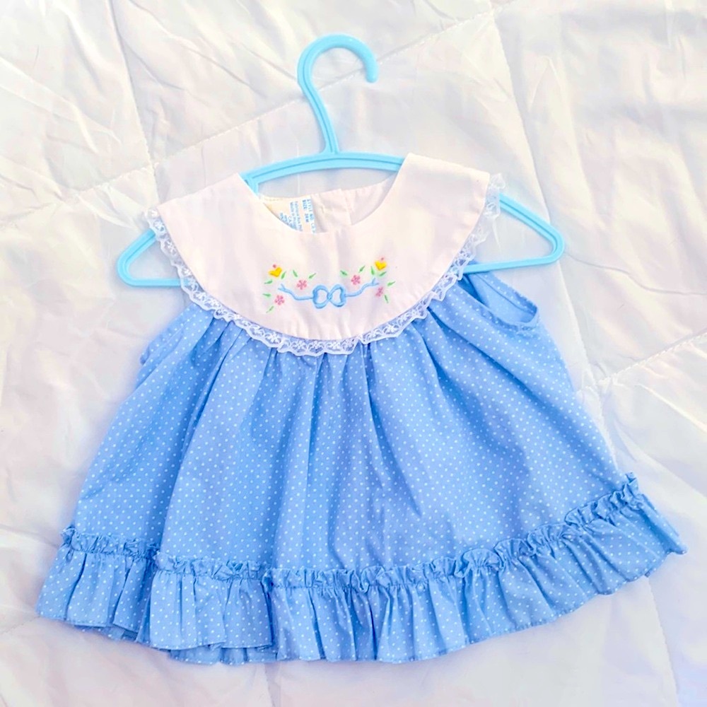 Vintage Blue Polka Dot Baby Dress with Embroidered Collar